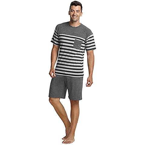 QianXiu Men's Pjs Sets Summer Shorts T-Shirt Pajama for Men Cotton Sleepwear Striped Pyjamas Set Grey S Cover