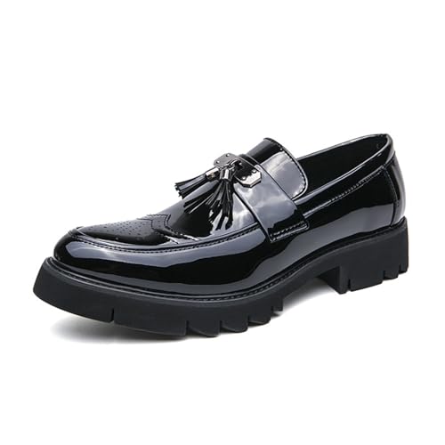 Men's Patent Leather Brogue Slip-On Platform Loafer Shoes with Tassel Fashion Round Toe Low Top Lug Sole Non-Slip Business Dress Shoes for Party Dating Prom