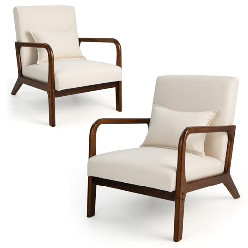 HOMASIS Butaca de salón, Sillón Moderno de Madera con cojín y Respaldo, reposabrazos, Sillón de Lectura tapizado Carga 150 kg, Silla Individual para salón, Dormitorio, Oficina, 79x65x77cm (Beige)