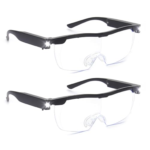 2 Pcs 200% Magnifying Glasses with Light, Rechargeable LED Lighted Magnification Eyeglasses, Bright Sight Hands Free Magnifier Glasses for Close Work, Craft, Jewellers, Reading