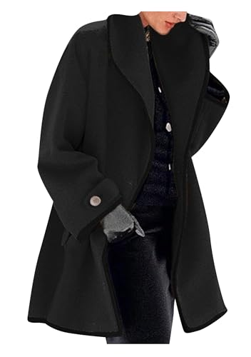 OMZIN Mujeres Chaquetas Medias Con Capucha Un Botón Abrigo Mezcla De Lana Invierno Suelto Chaqueta Negro XXL