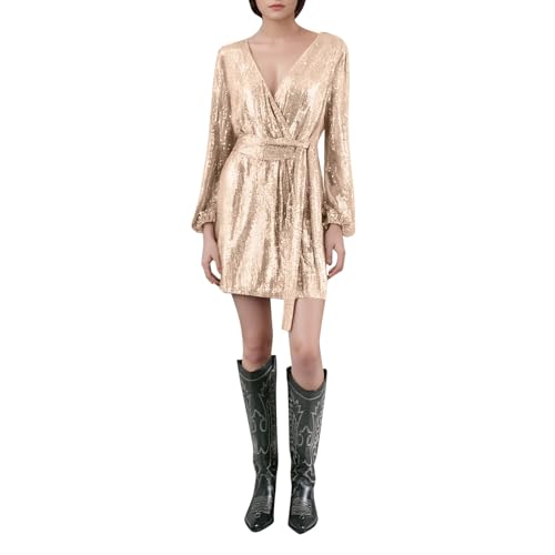 Kleid Gold-2024 Damen Pailletten Mini Wickelkleid mit V-Ausschnitt Lange Puffärmel Schimmerndes Party-Outfit (Beige-L)