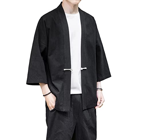 Image of Mens Kimono Cardigan Cotton Linen Japanese Shirt 3 /4 Sleeve Haori Yukata | Skin-Friendly Solid Color Lightweight Shawl Collar Kimono Robe Embroidery Button Tie Pockets Happi Coat All Season Daily Wear
