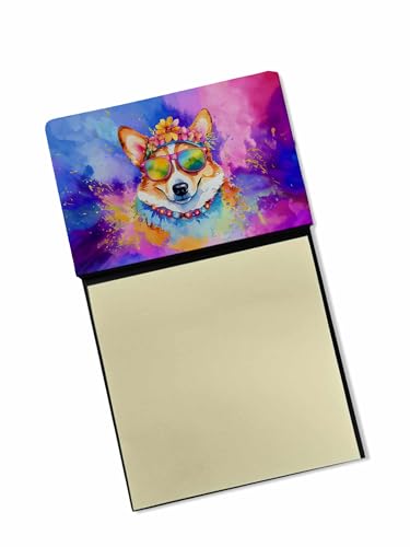 Caroline's Treasures Corgi Hippie Dawg Sticky Note Holder Refillable Dispenser Self-Sticky Note Pads, Memo Pads Blank Desk Accessories