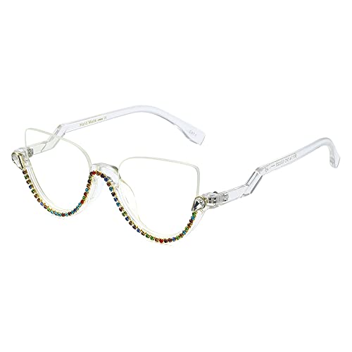 Women Cateye Sunglasses Half Rimmed 60s Semi-cateye Semi Rimless Jeweled Frame (Colorful / Black, 55)