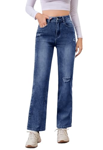 Women's High Waist Jeans Straight Leg Jeans Casual Distressed Stretchy Denim Pants with Pockets