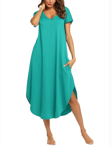 Image of Ekouaer Long Nightgowns for Women Short Sleeve House Dress with Pockets V Neck Sleepshirts Side Split Sleepwear S-4XL