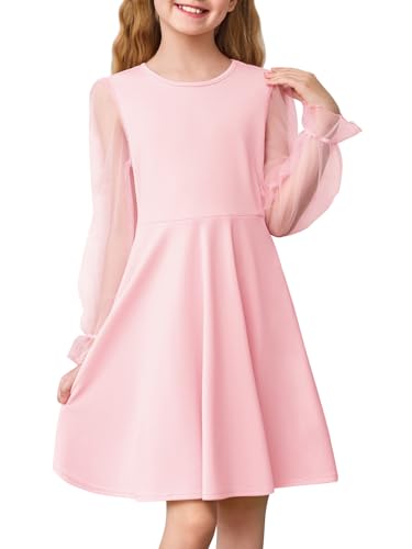Haloumoning Girls Dresses Mesh Puff Long Sleeve Dress for Kids High Waist A Line Wedding Party Dress 5-14Y