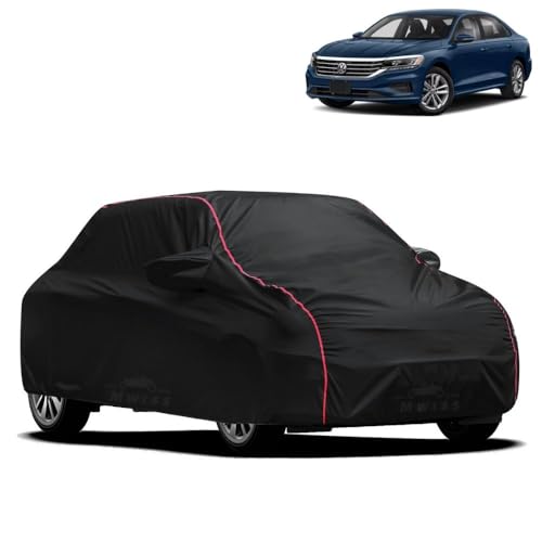 Image of Waterproof Car Cover for Volkswagen Passat | All-Weather Protection, Dustproof & UV Resistant | Triple Stitched Mirror Pockets, Windproof Buckle Strap with Elastic Hem, Black-Red Piping