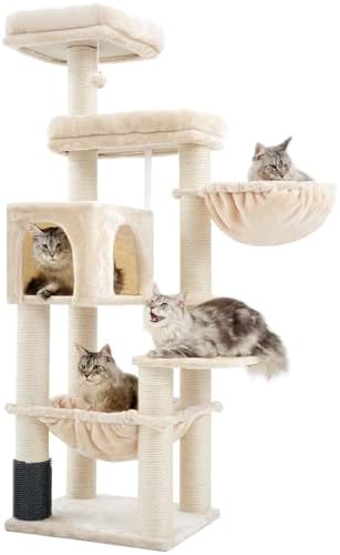 Hey-brother XXL Kratzbaum für Maine Coon, Sisal-Kratzpfosten(φ11cm), MPJ01M | 168cm Katzenbaum für groß Katzen, mit dicker Sisal-Kratzpfosten, Grosse Hängematte, 2 Plattformen, Höh