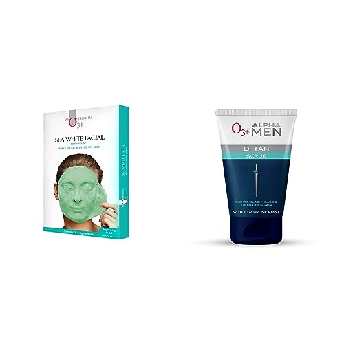 O3+ Sea White Brightening Facial Kit With Peel Off Mask Suitable (45g, Single Use Facial Kit) & O3+ ALPHA MEN Acno D-TAN Scrub With Hyaluronic & Mint 50g - Detan Scrub for TAN removal Combo