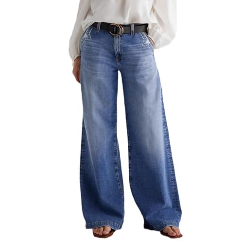 Women's Mid Rise Wide Leg Jeans Stretchy Baggy Denim Pants with Embroidered Star Loose Straight Leg Jean Trouser