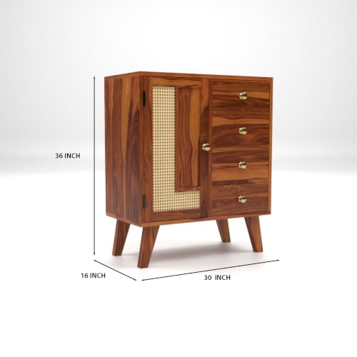 Image of Solid Sheesham Wood Chest of Drawers with Cane Panel | Wooden Storage Cabinet with 4 Drawers & 1 Door