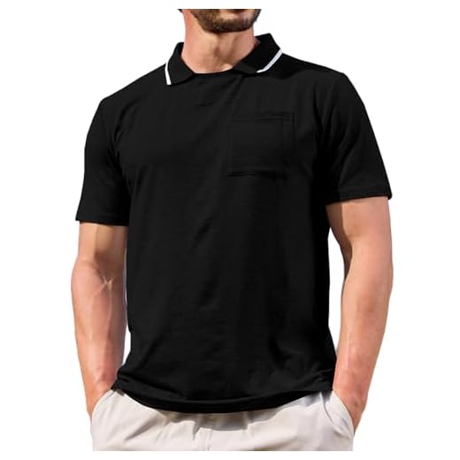 Aulemen Camisa polo masculina manga curta gola redonda leve casual verão slim fit design fashion camiseta polo, Preto, M