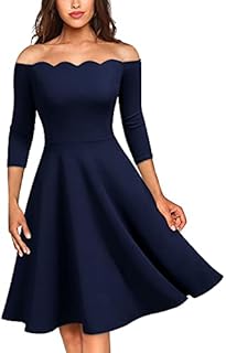 MISSMAY Women's Vintage Cocktail Party Half Sleeve Boat Neck Swing Dress (Large, A-Navy Blue)
