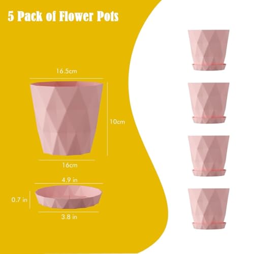 Image of OCRETA Set of 5 | 6.5 Inch Flower Pots for Home & Garden Decoration, Big Plastic Pots for Indoor & Outdoor Plants (Blushing Pink)