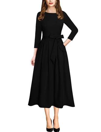Image of VFSHOW Womens Work Business Casual Church Pockets Belted A-Line Midi Dress
