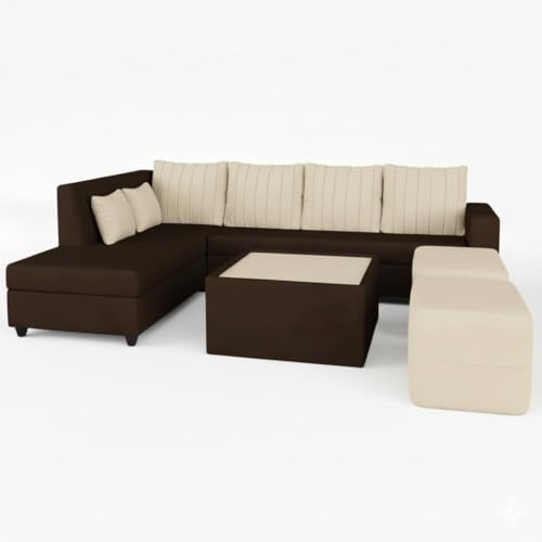 Image of CASASTYLE Stylano 8 Seater Fabric LHS L Shape Sofa Set with 1 Centre Table & 2 Ottoman (Cream-Dark Brown) 8-Person Seating with Premium Velvet Finish | Ideal for Living Room, Hotels