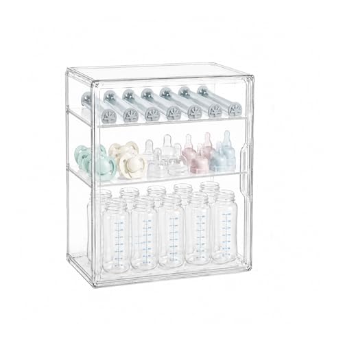 Raoletin 3-Tier Clear Baby Bottle Storage Box Bottle Storage Organizer with Magnetic Door for Countertop Nursery and Kitchen Newborn Essentials for Bottles Teats Caps and Accessories
