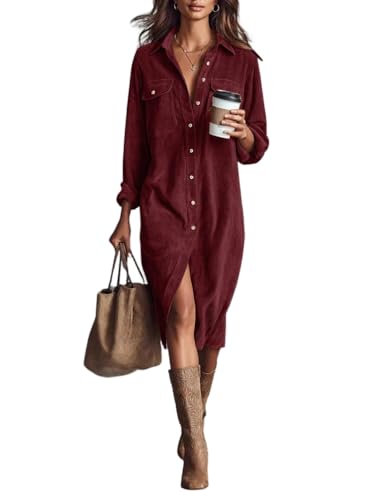 Minetom Blusenkleid Damen Cordkleid Herbstkleid Winterkleid Elegant Langarm Corduroy Hemdkleid Tunika Kleid mit Knöpfe Taschen A Rot L