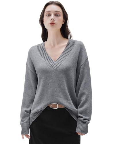 Image of SUUKSESS Women Cashmere Oversized Sweaters V Neck Pullover Tops Fall Outfits Long Sleeve Jumpers (Heather Grey,S)