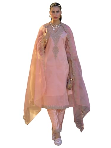Image of INDO ERA Women's Silk Blend Embroidered Straight Kurta and Pant with Dupatta Set (KH9BK6210)