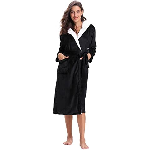 Hyppry Ladies Dressing Gown with Hood,Fluffy Warm Bathrobes for Women Long Snuggle Flannel Night Robe Lightweight Loungwear Sleepwear with Pockets(Black, XXL) Cover