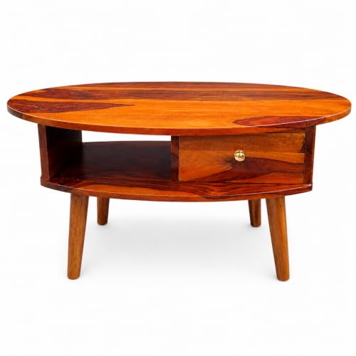 Image of Oval Solid Sheesham Wooden Coffee Table for Home | Living Room Center Table with Storage Shelf & Drawer | Modern Sofa Coffee Table