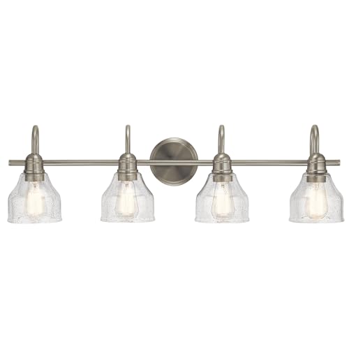 Kichler Avery 33.25" Vanity Bath Light in Brushed Nickel, Vintage 4-Light Bathroom Wall Mount Fixtured with Clear Seeded Glass, (24" W x 9.25" H), 45974NI White