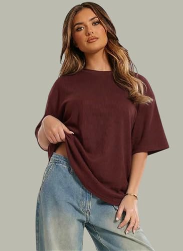 Image of RodZen Oversized Fit Half Sleeves Round Neck Textured Polycotton T-Shirt for Women /Girls (Pack of 2)