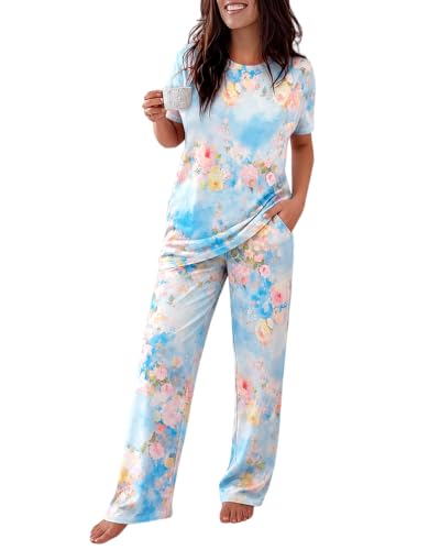 Image of CHICME Womens Pajamas Sets 2 Piece Short Sleeve Lounge Set Printed Loose Pants Pj Sets Loungewear Set