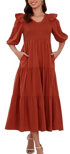 Image of Women Casual Lantern Sleeve Ruffle V Neck Fall Dress Boho Flowy Maxi Dresses Tiered Cocktail Long Dress