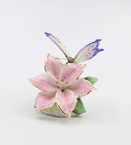 Cosmos Gifts Fine Porcelain Faux Jewel Butterfly with Pink Stargazer Lily Flower Figurine, 3-1/4" H
