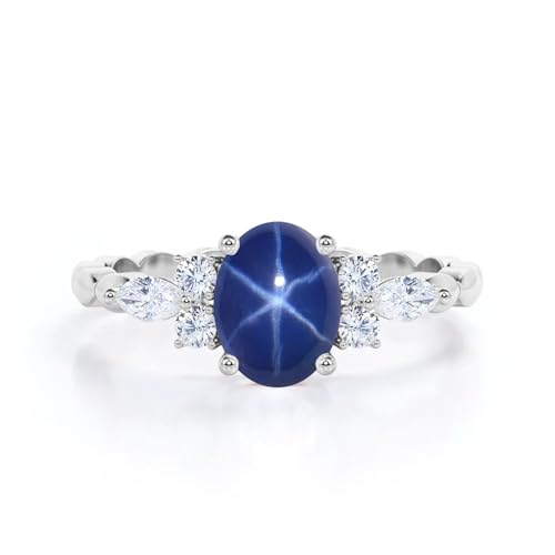 Blue Star Sapphire Engagement Rings for Women Oval Cut Blue Star Sapphire Ring S925 10K 14K 18K Gold Linde Star Sapphire Ring Anniversary Promise Ring