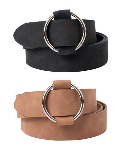 besbomig 2 Piezas Cinturones de Piel para Mujer Cinturón Ajustable para Señora Moda Hebilla de Plata Señoras Cintura Cinturón para Vestido Vaqueros Pantalones Cortos