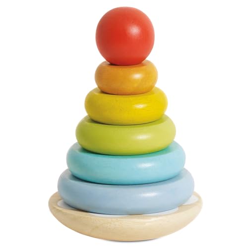 Image of Le Toy Van – Wooden Rainbow Stacker | Girl & Boy 7 Piece Rainbow Wobbling Ring Stacker – Suitable for 18+ Months