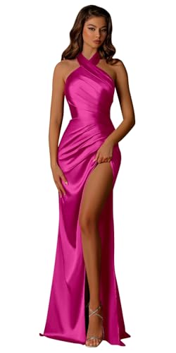 Image of OFEECHUN Halter Satin Bridesmaid Dresses for Women Mermaid Prom Dress Long Evening Formal Gowns