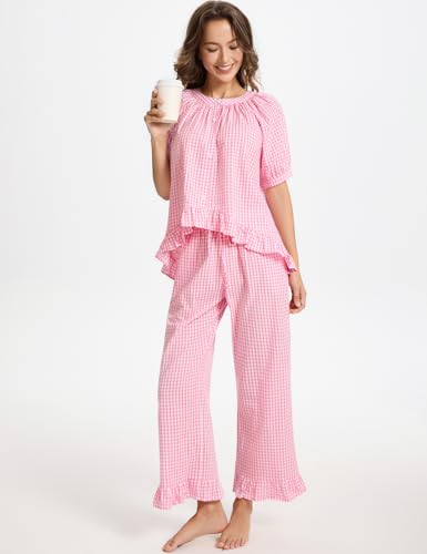 Image of Gihuo Gingham Pajama Set for Women 2 Piece Plaid Cotton Button Down Top and Pants Ruffle Babydoll Pjs Lounge Sets