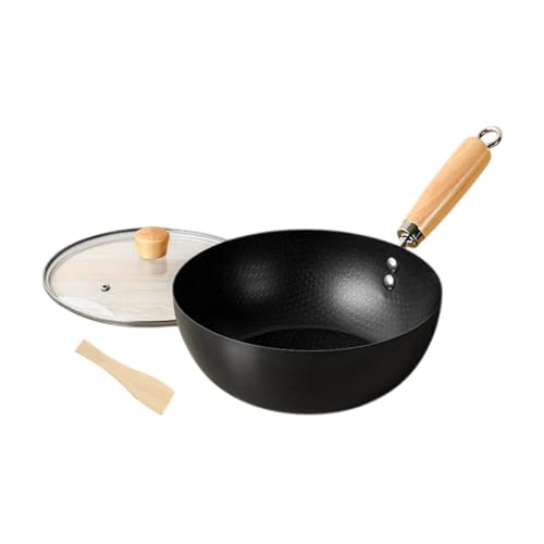 perfk Iron Wok Pan Nonstick with Wood Handle Cooking Pot with Lid Home Stir Fry Pan Chinese Wok, 18cm