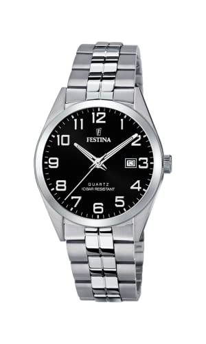 Festina Montre Homme Analogique en Acier Inoxydable 316L Argenté - Mouvement Quartz - Calendrier - Verre Minéral Haute Résistance - Étanche 10 ATM F20437/4