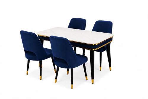 Image of WOODEN SPACE 4 Seater Wooden Dining Table Set | Urban Marble Top Dining Table with Chairs for Dining Room & Kitchen (Modern Vintage Navy Blue) (54 x 36 x 30 inch)
