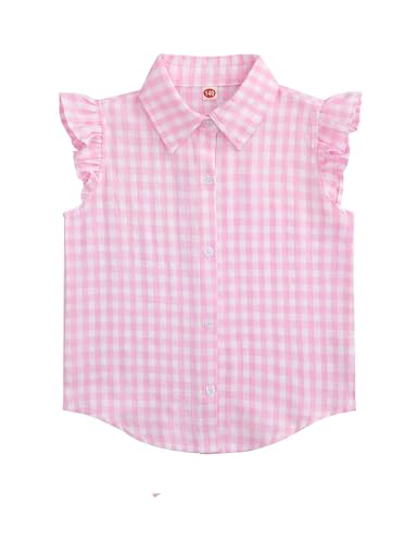 Image of Girls Sleeveless Plaid Button Down Shirt Summer Crop Tops Tie Knot Ruffle Sleeve Shirt Blouse 3-12Y