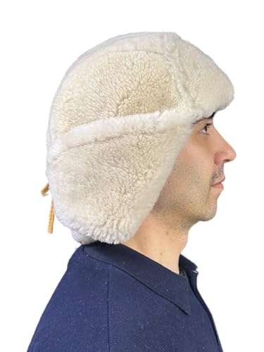 Image of Leather Aviator Shearling Ushanka Trapper Hat Russian Sheepskin Cap Real Fur Winter Hat with Ear Flaps for Men Women