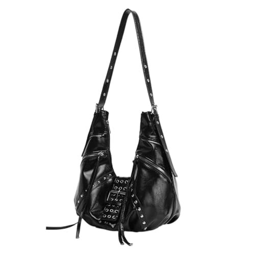 Women's Patent Leather Hobo Bag, Punk Style Rivets Bucket Crossbody Bag, Large Capacity Slouchy Shoulder Tote for Commute