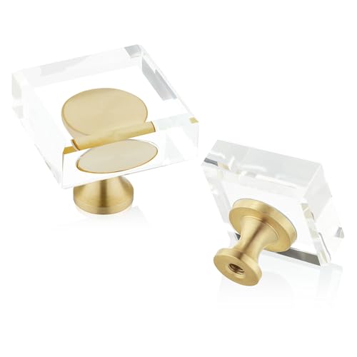 Image of QOGRISUN 5-Pack Crystal Cabinet Knobs, Gold Drawer Square 1-1 /8 Inch | Solid Brass, Crystal Glass, Gold Drawer Knobs, Gold Dresser Knobs, Crystal Cabinet Knobs, Kitchen Cabinet, Square