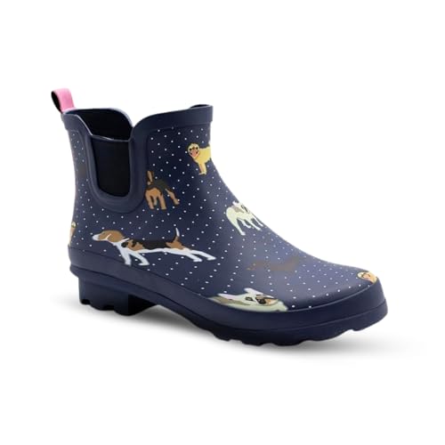 Image of Womens Wide Short Ankle Wellies Boots Rubber Pull On WP Festival Ladies Equestrian Riding Wellington Walking Garden Grip (Navy Dog Print, 8, UK Footwear Size System, Adult, Women, Numeric, Medium, 8)