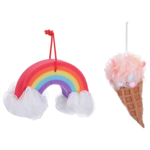 TEHAUX Juego 2 Esponjas de Baño Forma de Helado y Arcoíris, Esponjas Vegetales Reutilizables, Suaves y Exfoliantes, Accesorios de Baño para Ñiño, Depurador de Ducha Malla Densa