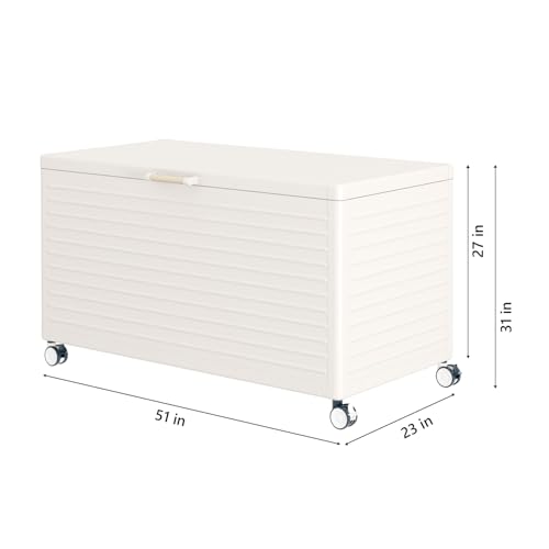 Image of MIRADOR 134 Gallon Outdoor Storage Box with Wheels & Soft-Close Lid, Waterproof Metal Deck Box for Patio Cushions, Garden Tools & Pool Accessories, Latte