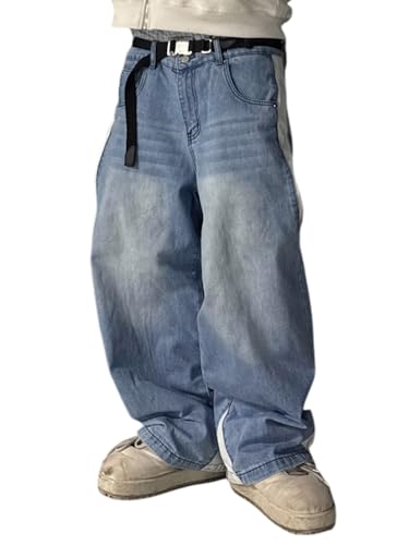Owl's-Yard Men's Y2k Spring Casual Contrast Color Jeans Fashion Hip Hop Baggy Wide Leg Denim Pants with Multi Pockets