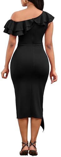 Image of Dresses for Women Elegant Long Sleeves Ruffles Pencil Knee Length Split Business Dress with Belt Zipper